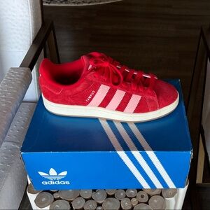 adidas Red Suede Campus Sneakers with Pink Stripes